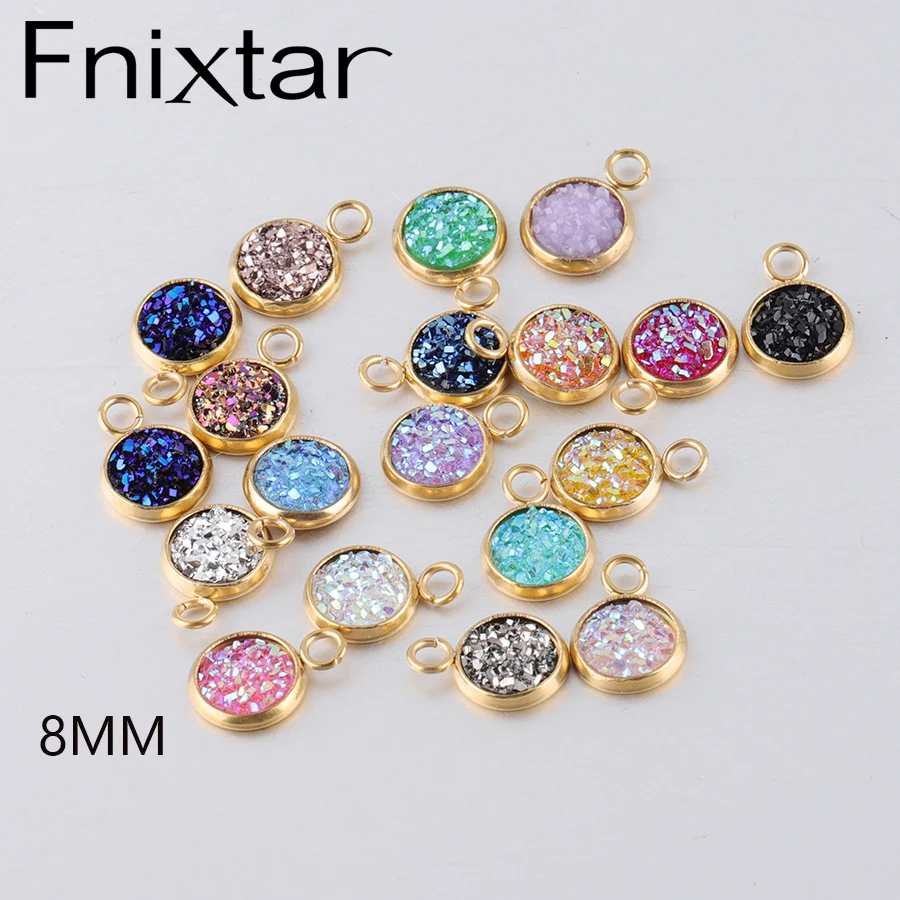 

Fnixtar 8mm PVD Gold Color Stainless Steel Faux Druzy Resin Charm Pendant DIY Small Charm For Women DIY Jewelry Making 30pcs/lot
