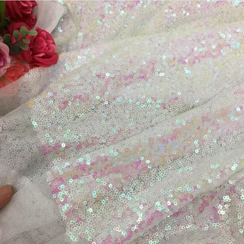 

Wide 125cm Good Dreamy Rainbow White Sequin Mesh fabric Shining Sequins Net Fabric DIY Sewing Wedding Dress Performance Skirt