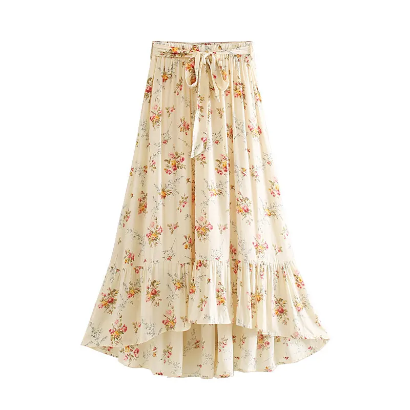 

GYPSY Boho Chic Summer Vintage Floral Print With Sashes Maxi Skirt Women Fashion A Line Elastic Waist Beach Skirts Faldas Mujer
