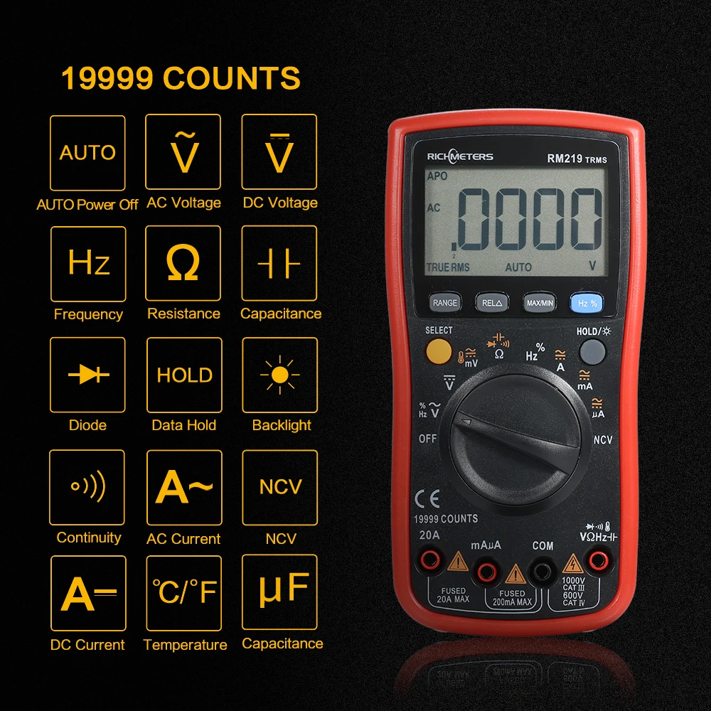 Цифровой мультиметр RM219 True-RMS 19999 отсчетов Multimetro Авто Rang NCV ACDC Напряжение Амперметр ток esr метр транзисторный тестер