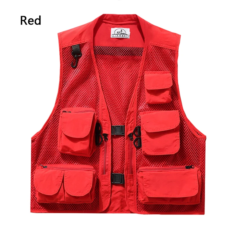 Летний уличный мужской жилет для рыбалки, куртка для путешествий, камуфляжный сетчатый жилет для фотосъемки с несколькими карманами, портативный дышащий Быстросохнущий светильник - Цвет: Красный