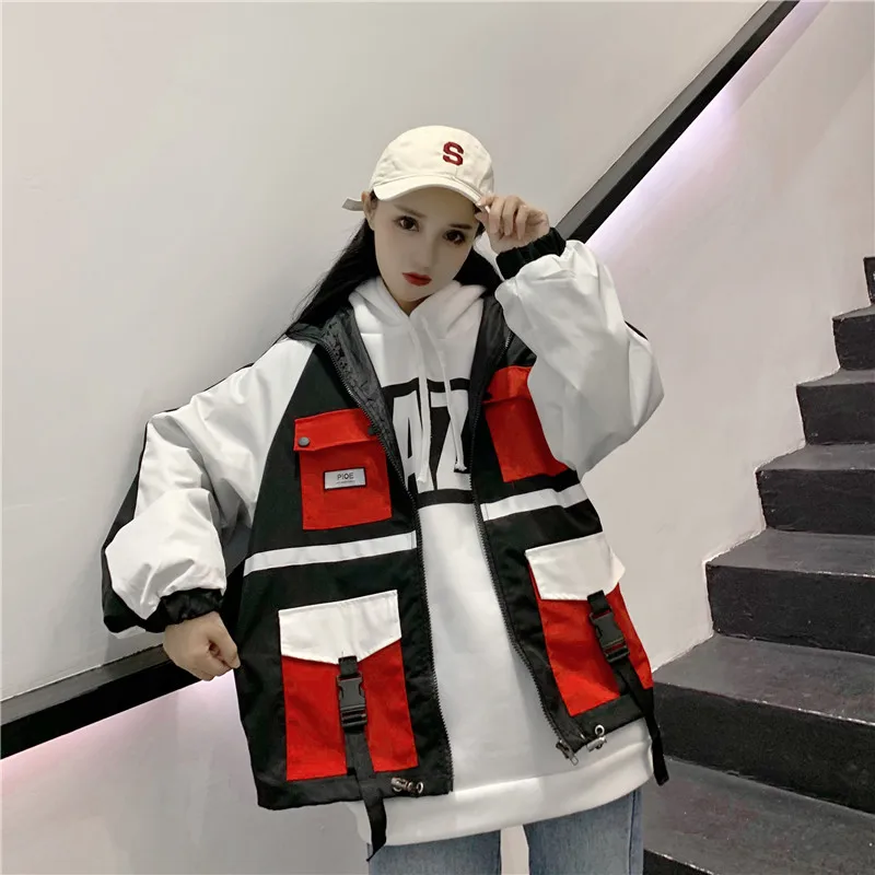 Черный RUGOD лоскутное Женское пальто мода harajuku стиль хип хоп карман с длинными рукавами уличная многоцветная классная женсткая куртка modis - Цвет: Черный