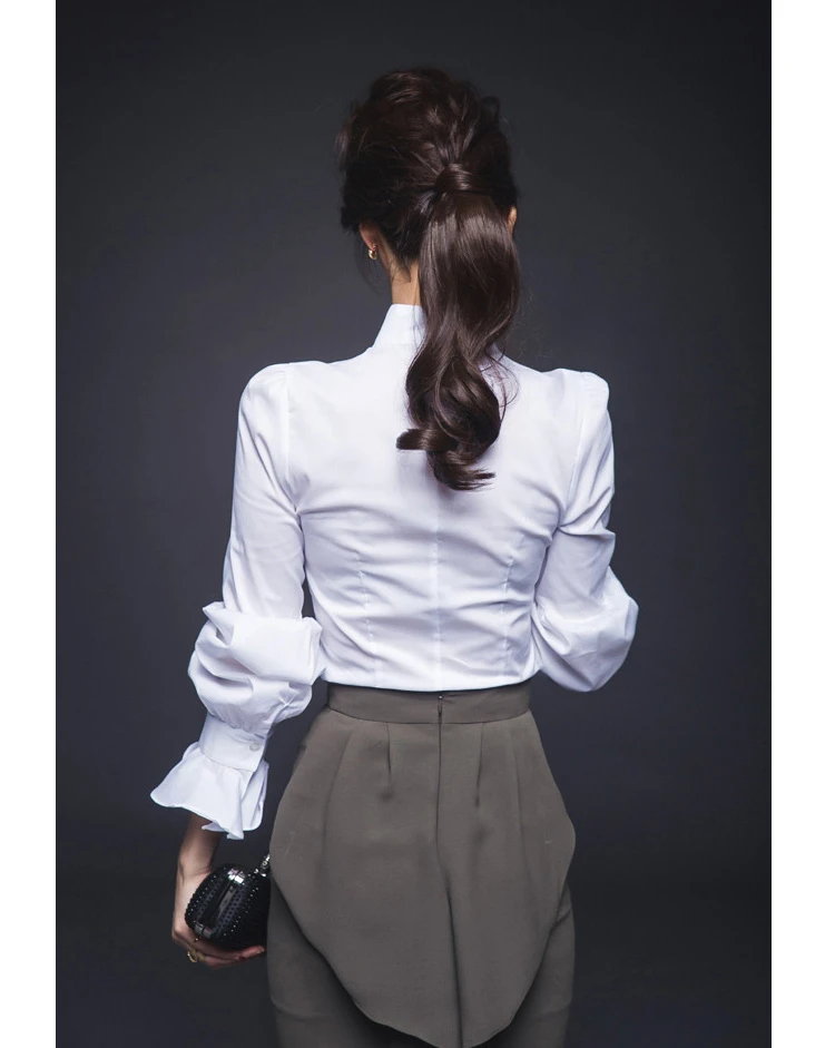 Женская Высококачественная Элегантная блузка со стоячим воротником и оборками, рукав-фонарик, шикарная блузка, женская тонкая белая блузка OL