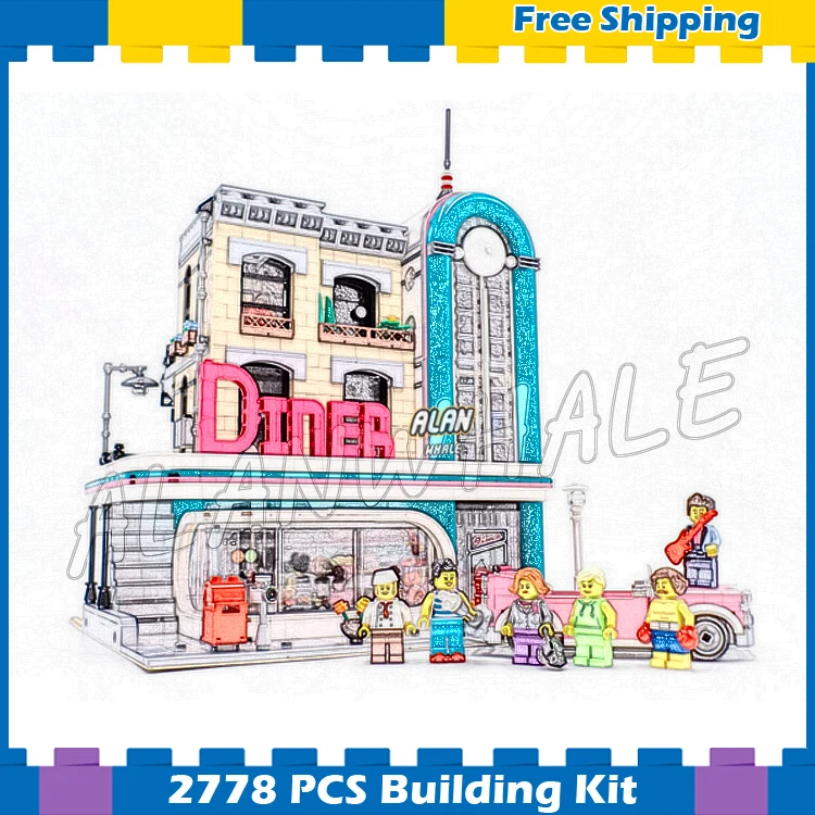 

2778PCS City Street 3-level 1950s American Downtown Diner Restaurant Model Building Block Bricks Compatible With