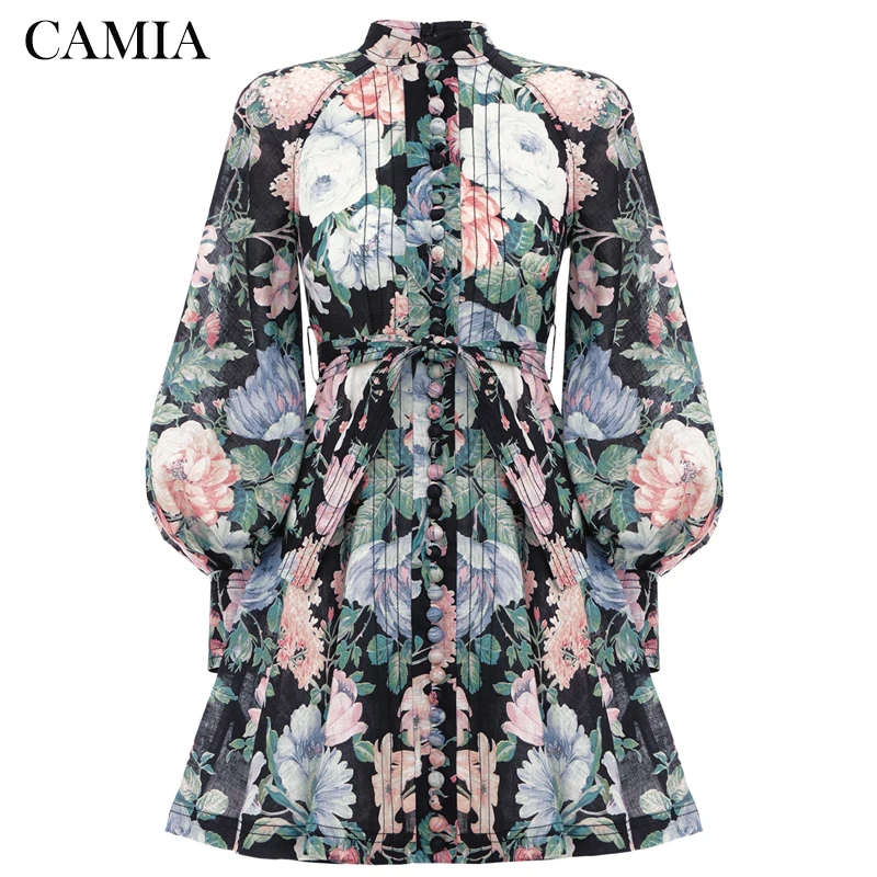 

CAMIA Black Print Sweet Style Vintage Dress ZIM Summer Dress Lantern Sleeve Single Breasted Tie Waist Dress