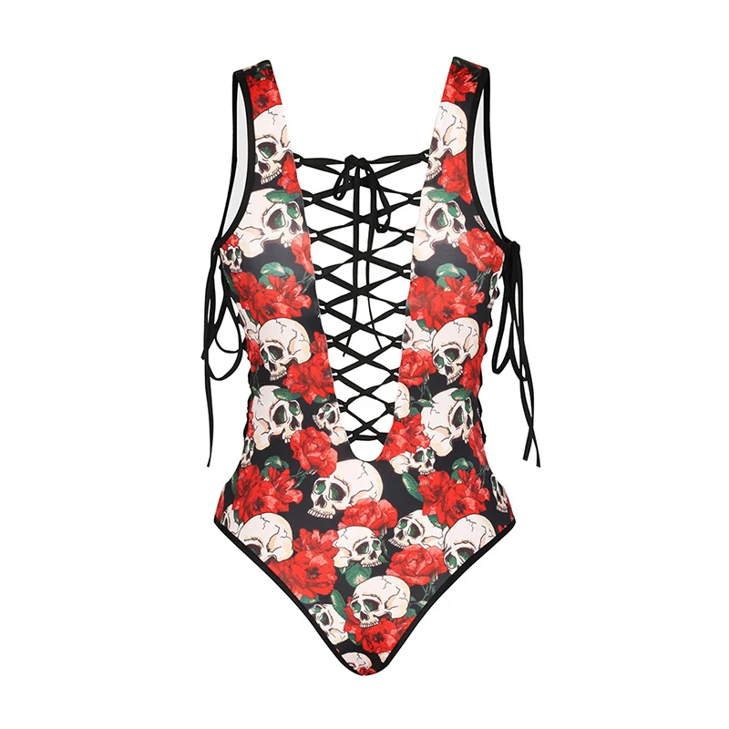 

Rose Skull Print Sexy One Piece Swimsuit For Women Bikini Sets Hollow Lace Up Ladies Backless Beachwear Bathing Suit Swimwear