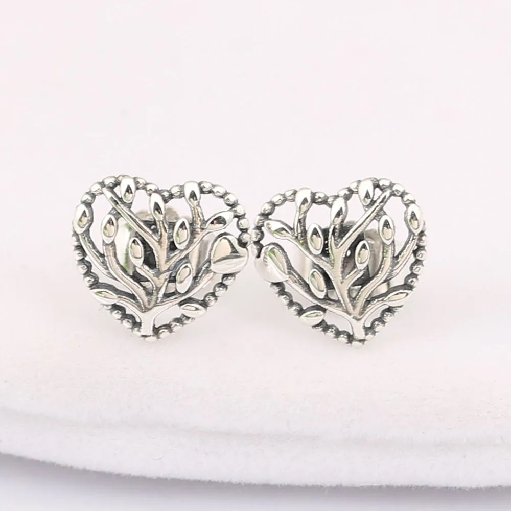 

925 Sterling Silver Heart Tree of Love Stud Earrings Clear CZ Compatible with European Jewelry