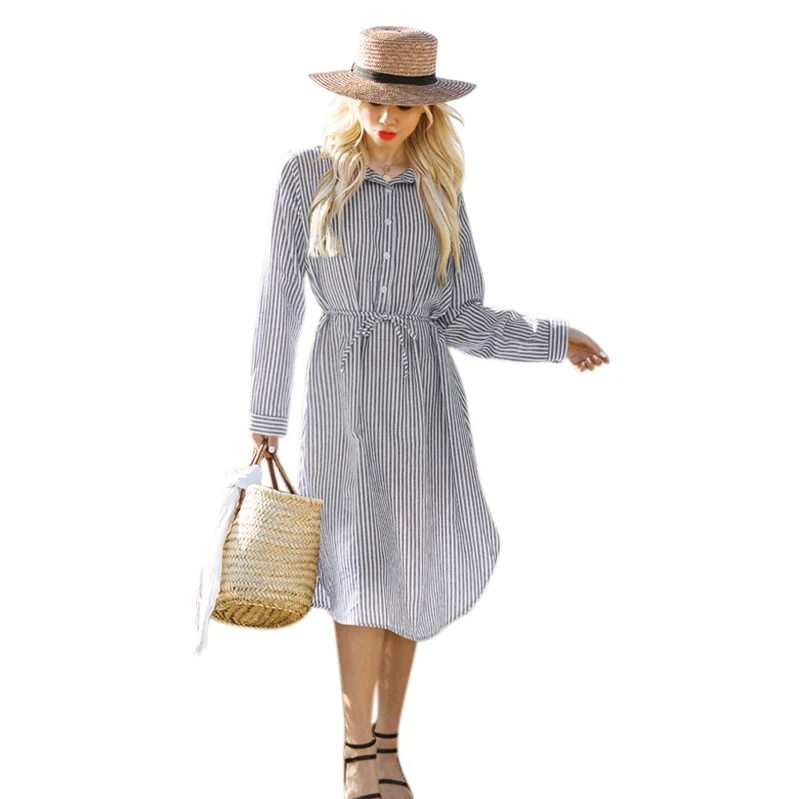 Autumn Long Sleeve Shirt Dress For Women Stripe Skinny Lace Up Belt Button Elegant Ladies Shirt Long Dress Business Attire Str