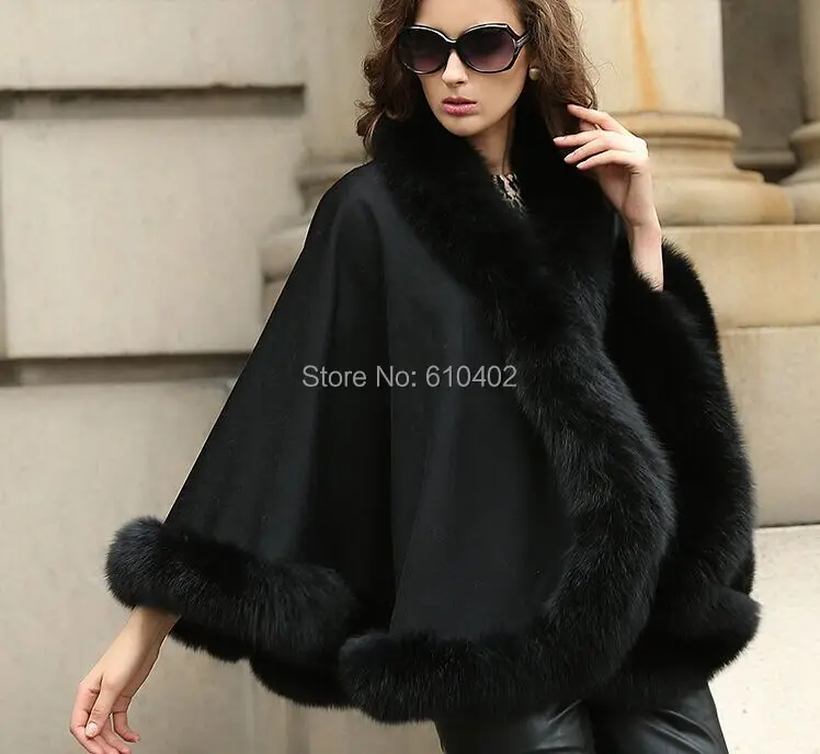 free shipping Lady s Genuine Real Cashmere Genuine Fox Fur Coat A word style Cloak Poncho