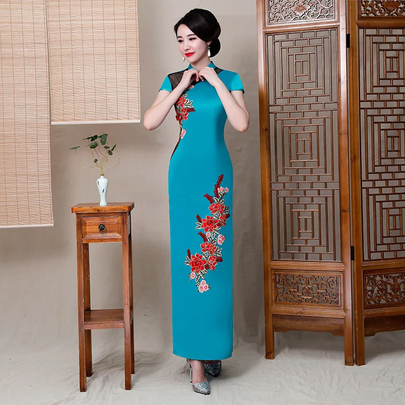 Женское Летнее Длинное Платье-туника, китайское традиционное платье, Cheongsam mordern, красный, синий, цветочный узор, китайский костюм tang Qipao