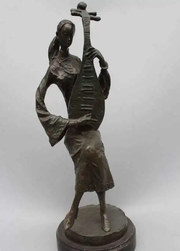 

20"Chinese Folk vintage Bronze Copper woman pipa lute Art sculptue Statue