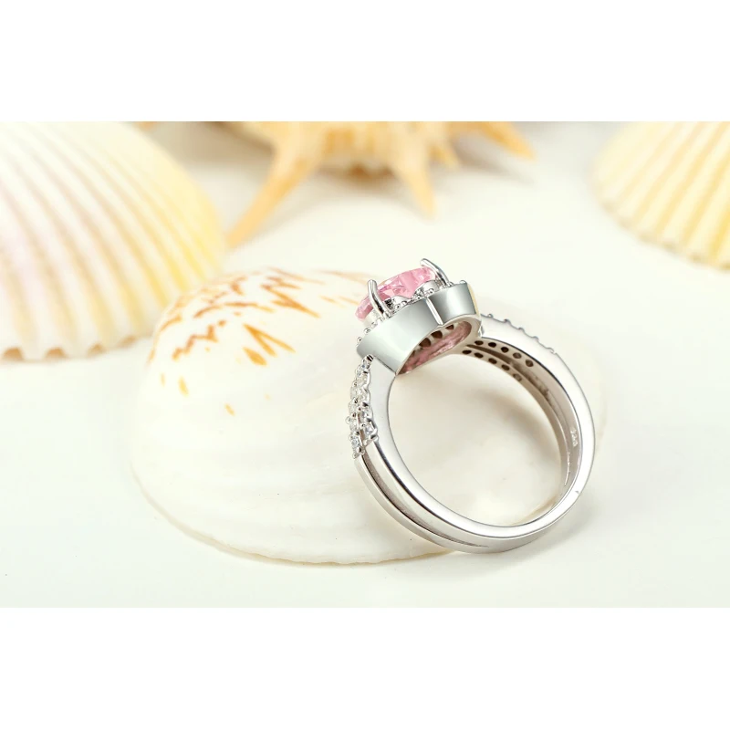Solid 925 Sterling Silver Heart Women Rings Pink Crystal Fine Wedding jewellery Lab Diamond Ring Valentine's gift dropshipping
