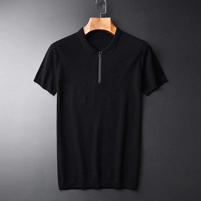 

Minglu Mens T-shirts Luxury Knitted Turn-down Collar Short Sleeve Man T-shirts Plus Size 4xl Zipper Placket Slim Fit Man T-shirt
