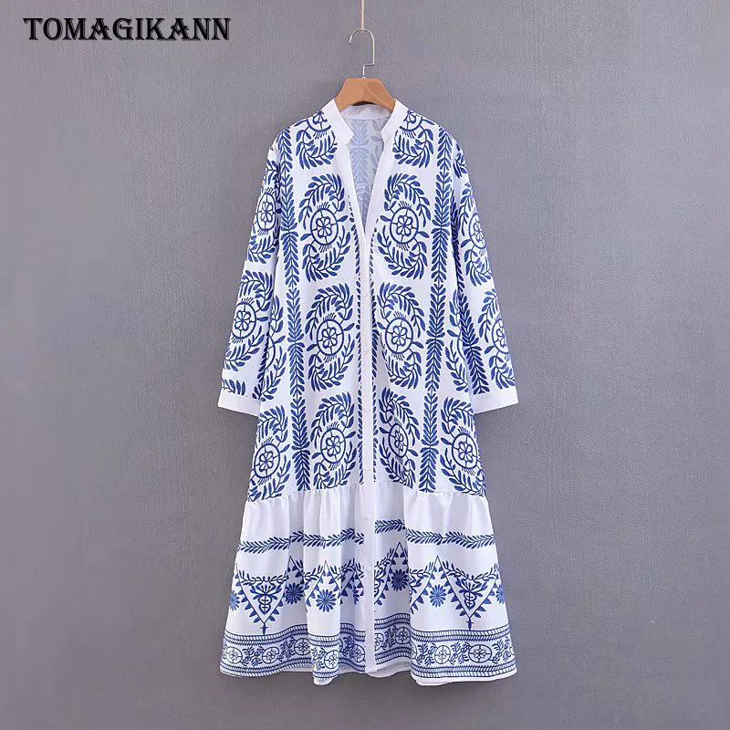

Vintage Leaf Print White Blouse Dress Buttons V Neck Long Sleeve Casual Shirt Dresses Vestidos