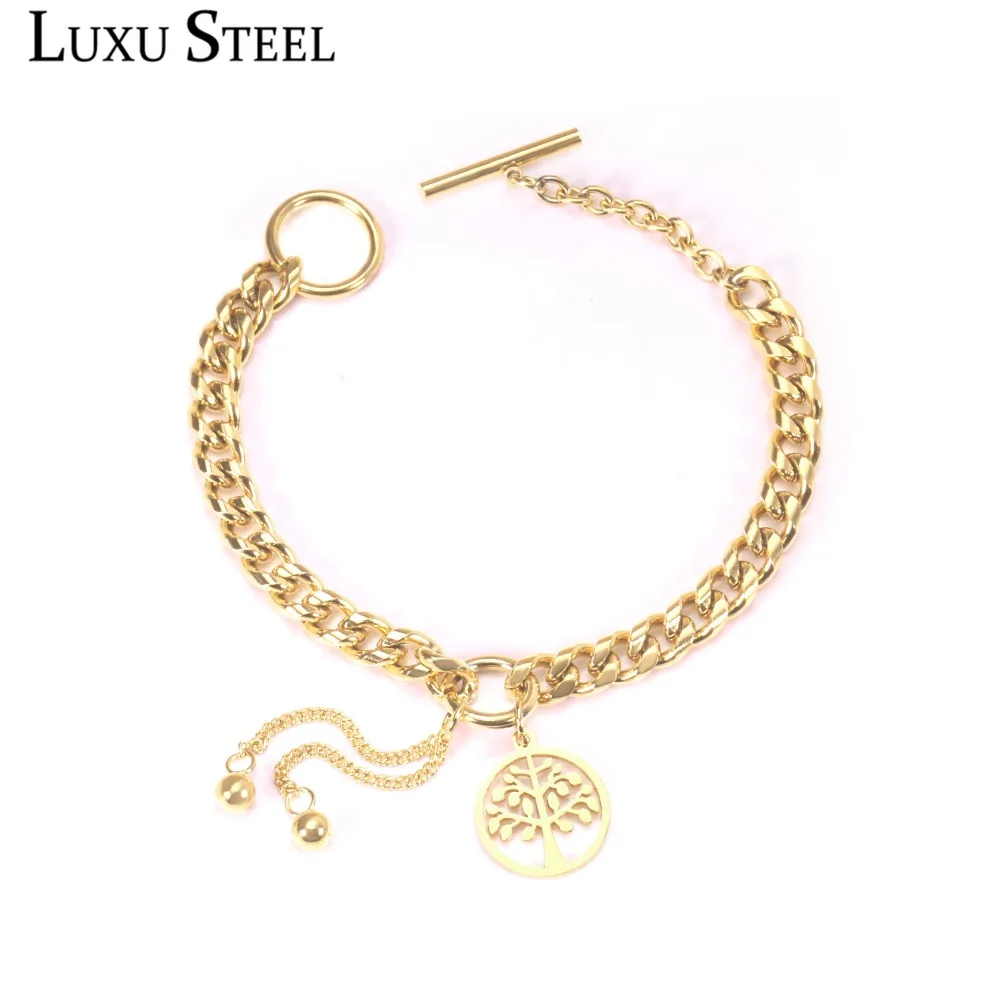 

LUXUSTEEL Adjustable Chain Bracelets For Women/Girl Gold Color Tree Pendants Stainless Steel Bracelets Bangles Christmas Gift