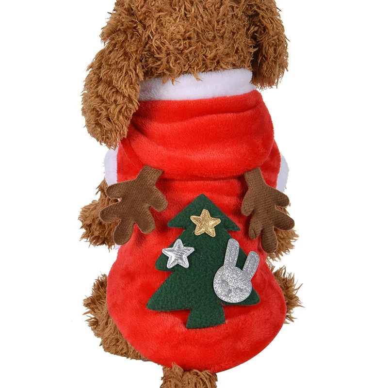 

Pet Christmas dress cute pet dog Teddy hooded antlers warm plush coat red elk party clothing autumn and winter pet clothing