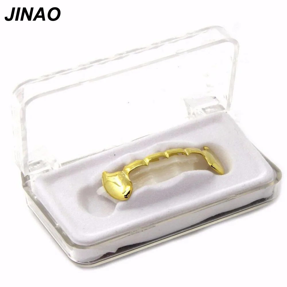 

JINAO Custom Fit Gold Color Plated Hip Hop Teeth Fang Grillz Caps Lower Bottom Grill Set Vampire Teeth