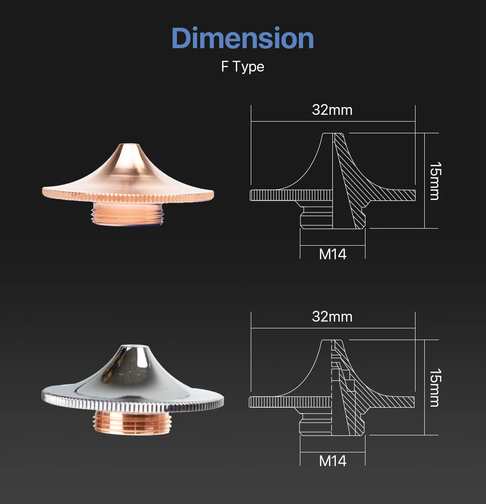 Cloudray Raytools Тип F насадка для лазерной резки Dia.32 H15 Калибр 0,8-4,0 мм Однослойная хромированная двухслойная s
