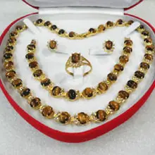 Женщины подарок ювелирных изделий тигровый глаз камень желтого золота Серьги Браслет Ожерелье Кольцо AAA