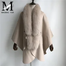 Женское кашемировое пальто с поясом, большой воротник из лисьего меха, модная женская шерстяная куртка, свободное однотонное пальто с отстегивающимся воротником из натурального меха