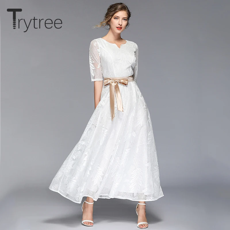 

Trytree summer Autumn Casual Solid Dress Polyester Leaves embroidery women dresses Ankle-Length A-line Office Lady Dress