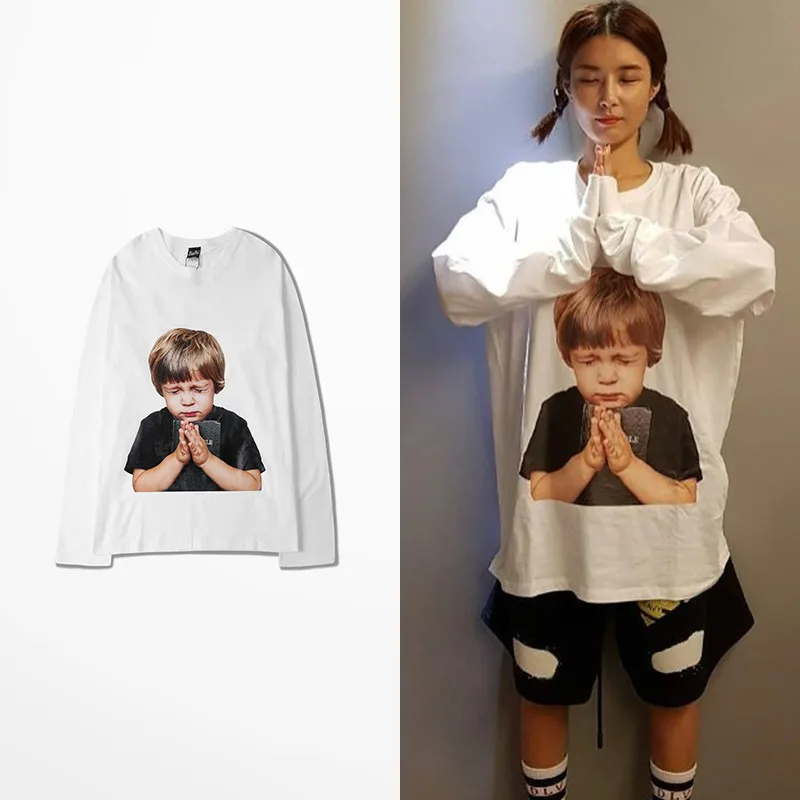 

Retro Funny T Shirt Men Kawaii Boy Print T-shirt Long Sleeve Men Hip Hop High Street Skateboard West Coast Tee Shirt Homme