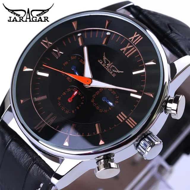 Jaragar Fashion 3 Small Dial Design Black Silver Dial Genuine Leather
