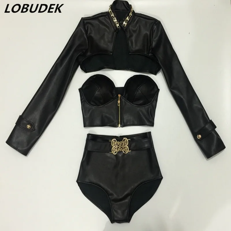 

New Female Jazz Hip Hop dance costumes PU Leather black white suits Nightclub Bar singer Teams performance outfit Festival show