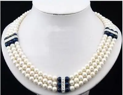 

3 ROW new 7-8mm natural Akoya white black Pearl Necklace 17'-19'' 14 yellow GOL