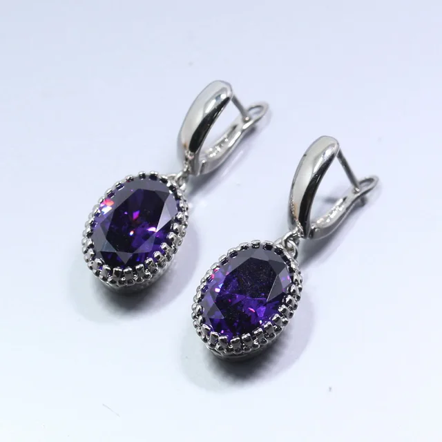 Unusual Purple Silver Jewelry Oval Drop Earrings For Women Free Gift Unusual Purple Silver Jewelry Oval Drop Earrings For Women Free Gift Box D08