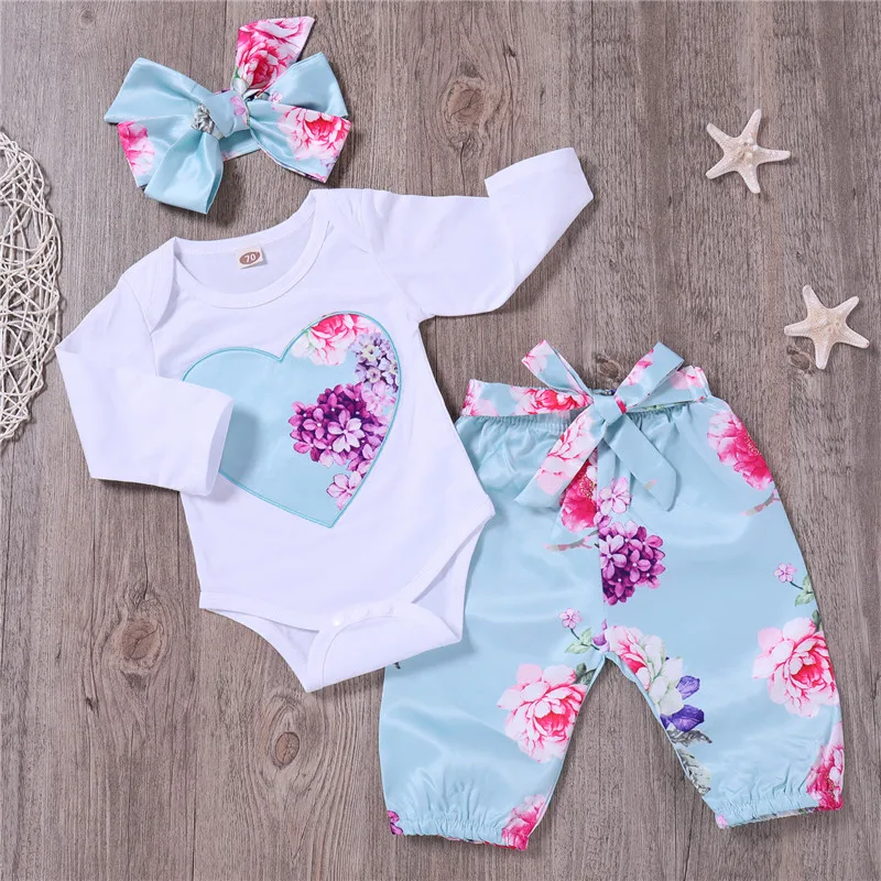 PatPat Spring Autumn Cotton Casual Newborn Beautiful Floral Bodysuit and Pants and Bow Headband Set for Baby Girl Jumpsuit