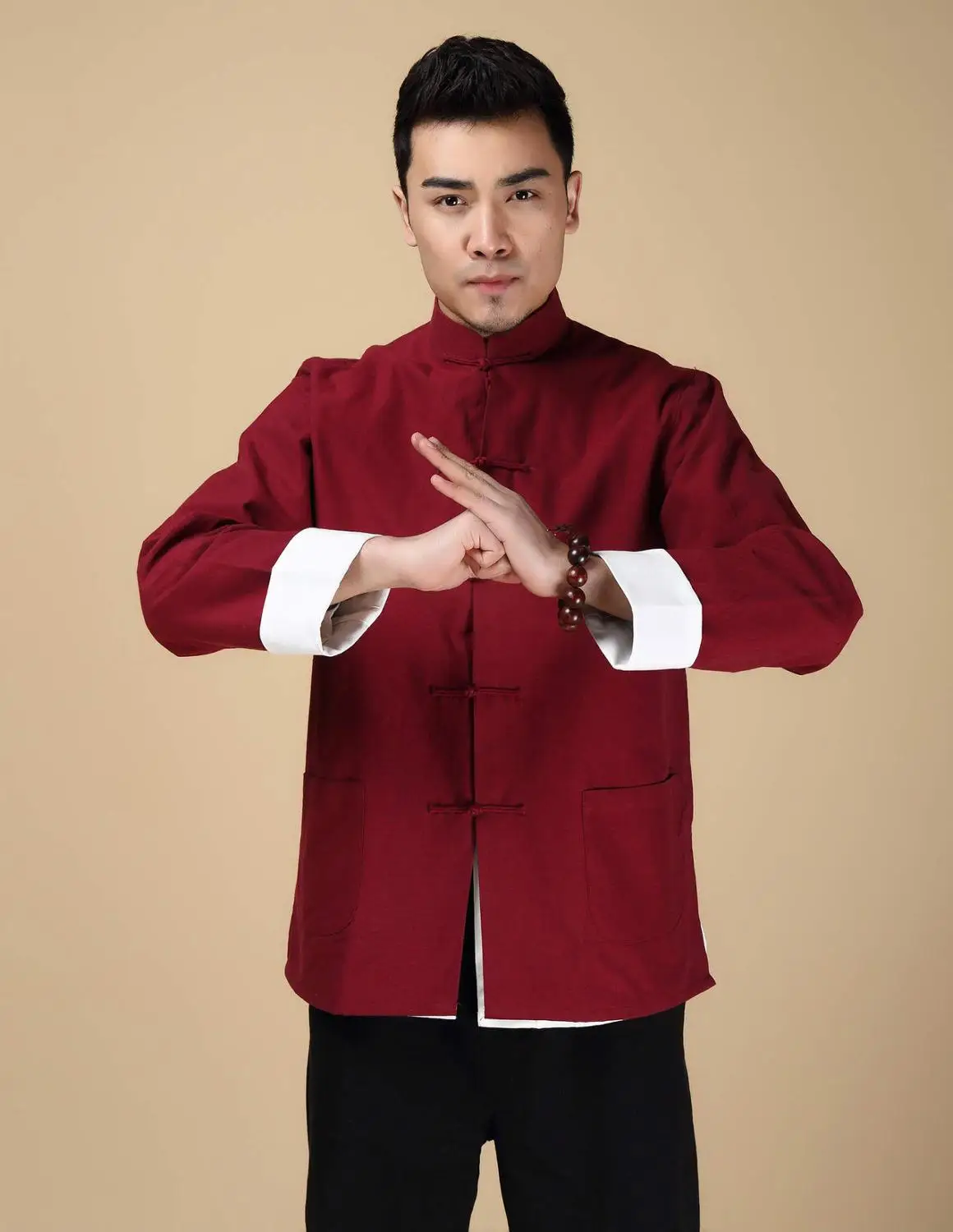 Из хлопка и льна Винтаж длинный рукав Для мужчин юбки с воротником «Мандарин», "Китайский кун-фу" свободные Костюмы черный Тай Чи Топ M-4XL - Цвет: Red B