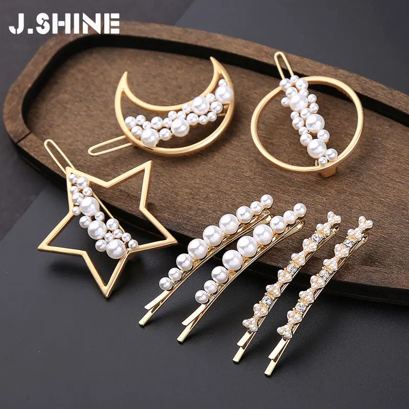 

J.Shine Korean Style Trendy Gold Color Moon Star Round Crystal Imitation Pearl Barrettes Women Hairgrips Bride Hair Accessories