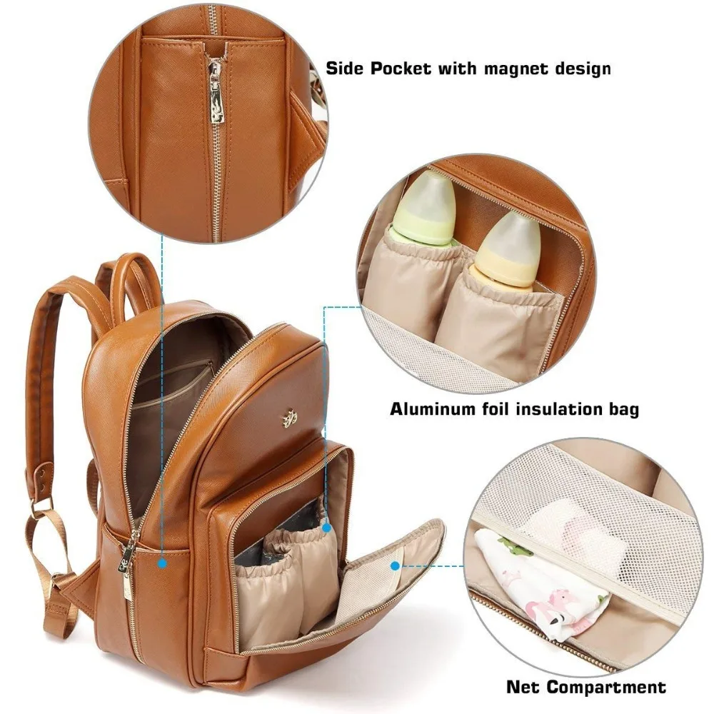 KZNI Leather Diaper Bag Backpack Brown Diaper Backpack Nappy Baby Bags for Mom Unisex Maternity Diaper Bag with Stroller Hanger|Thermal Pockets|Adjustable Shoulder Straps|Water Proof LargeCapacity