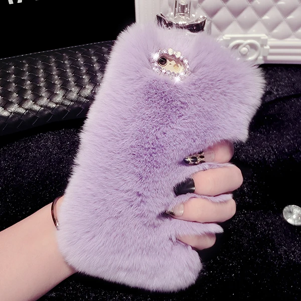 Luxury Rabbit Fur Case for iPhone XS Max Xr X 8 7 6 6S Plus SE 5S Cover Fashion Bling Diamond Winter Soft Furry Plush Phone Case puffer case Cases For iPhone