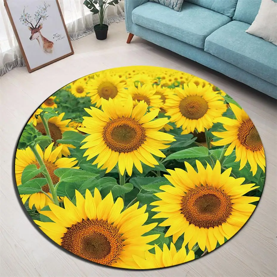 Vibrant Yellow Sunflowers Round Living Room Floor Cushion Kitchen