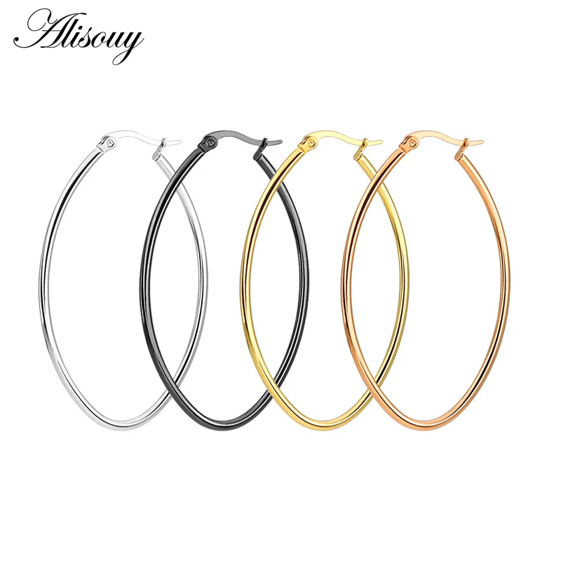 

Alisouy Fashion New 1Pair Stainless steel Gold Silver Small Big Oval Circle Hoop Earrings for Women Steampunk Round Earring Sets