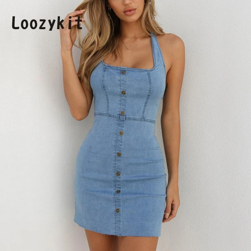 

LOOZYKIT Summer Halter Women Dress Mini Dresses with Buttons Lady Backless Vestido Sexy High Waist robe femme