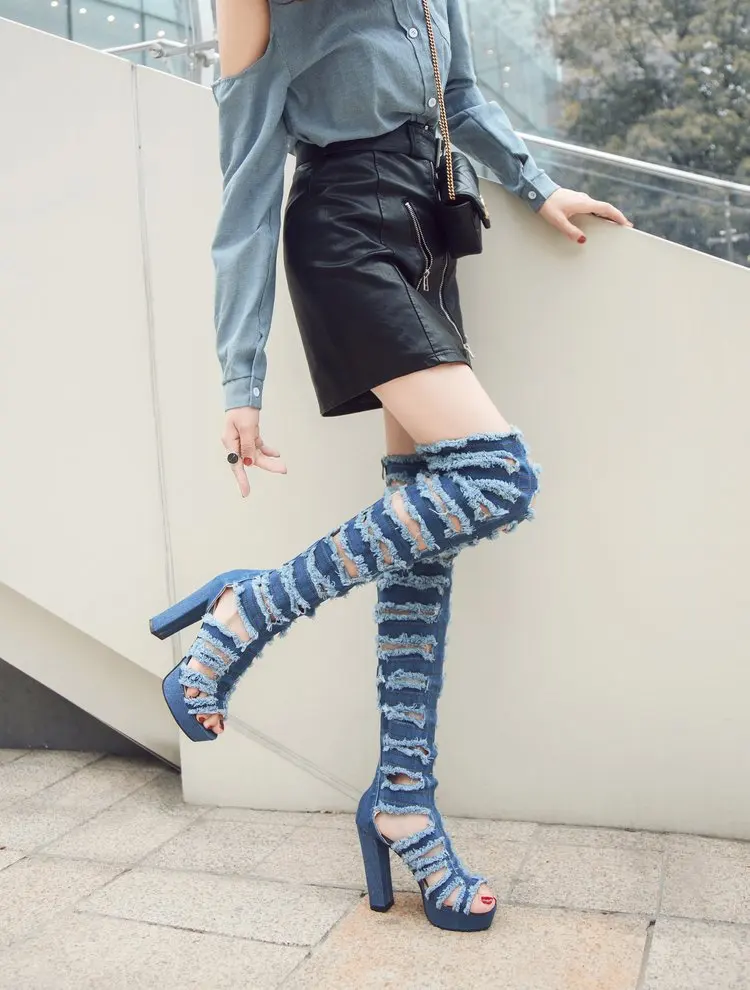 Женская обувь летние открытые джинсовые туфли-лодочки модельные босоножки женские босоножки на толстом каблуке Женская обувь на очень высоком каблуке и платформе 332