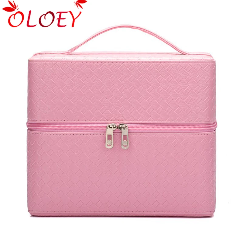

New Women Plaid PU Leather Cosmetic Bag Fashion Stereotypes Vanity capacity Cosmetic Case Female Travel Wash Makeup Storage Box