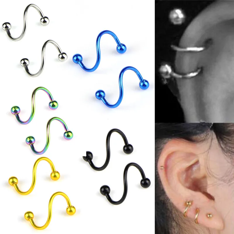 

Ear Cartilage S Shape Twisted Helix Piercing 1 Pair Surgical Steel Spiral Lip Ring Nose Rings Body Jewelry Accessories