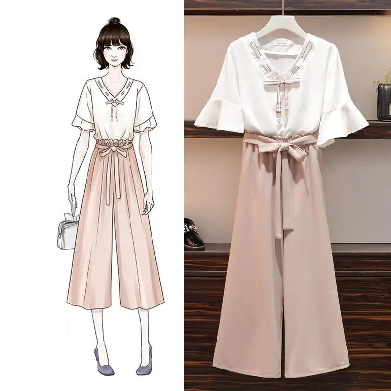 

2019 New Women Casual Two Pieces Set Female Spring Summer Short Sleeve V-Neck Tops +Elastic Waist Loose Wide Leg Pants Sets J88