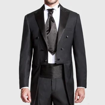 

2017 British Style Bespoke Black GroomTailcoat Peaked Lapel Long Tail Mens Wedding Suits Bridegroom Dress men suit (Jacket+Pant)
