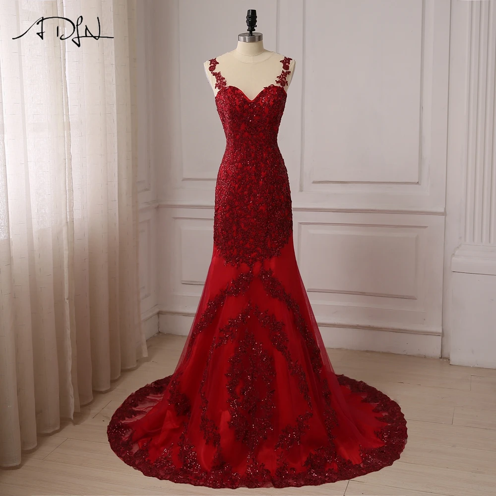 

ADLN Burgundy Mermaid Evening Dresses Nude Mesh Covered Neck And Back Sequin Applique Evening Party Gowns Side Zipper