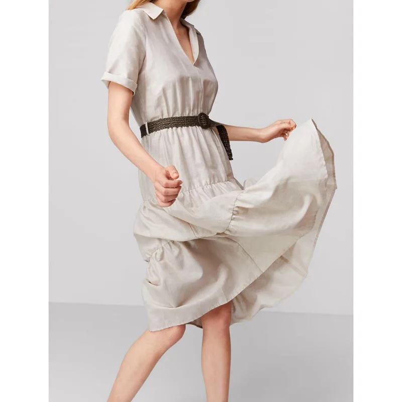 

QZ191 Women Brief Design Solid Color Mid Long Length Dress Slim Waist Belt Deco V Neck Vestidos