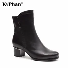 KvPhan 2017 Fashion Genuine Leather Boots Cowhide ankle boots women Metal Decoration High heels boots Zipper shoes Bling woman
