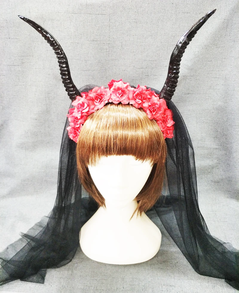 Lolita Red Flower Horn Antlers Cosplay Headband Veil Costume party Goth