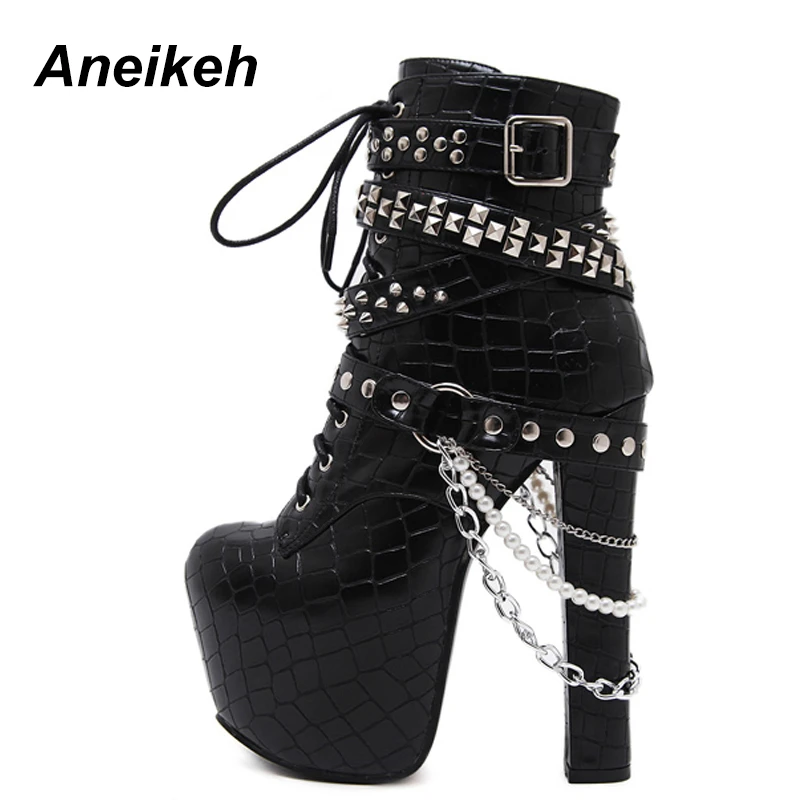 Nouveau Haut Bottines Chaîne en Métal Lacets Plateforme Moto Punk Bottes De Combat Nouveau Haut Bottines Chaîne en Métal Lacets Plateforme Moto Punk Bottes De Combat