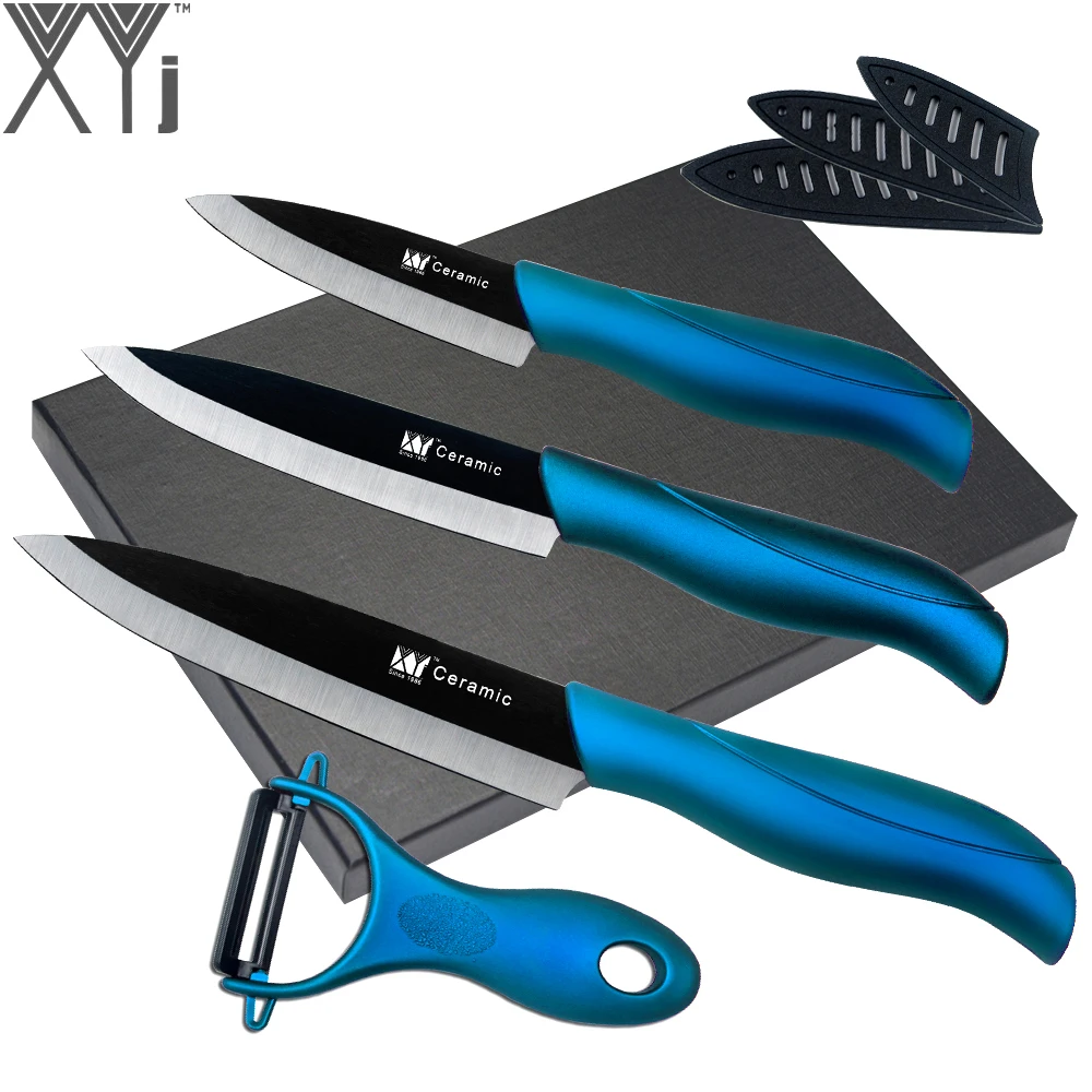 XYj Blue Handle Kitchen Ceramic Knives 3" 4" 5" Black Blade Blue Handle
