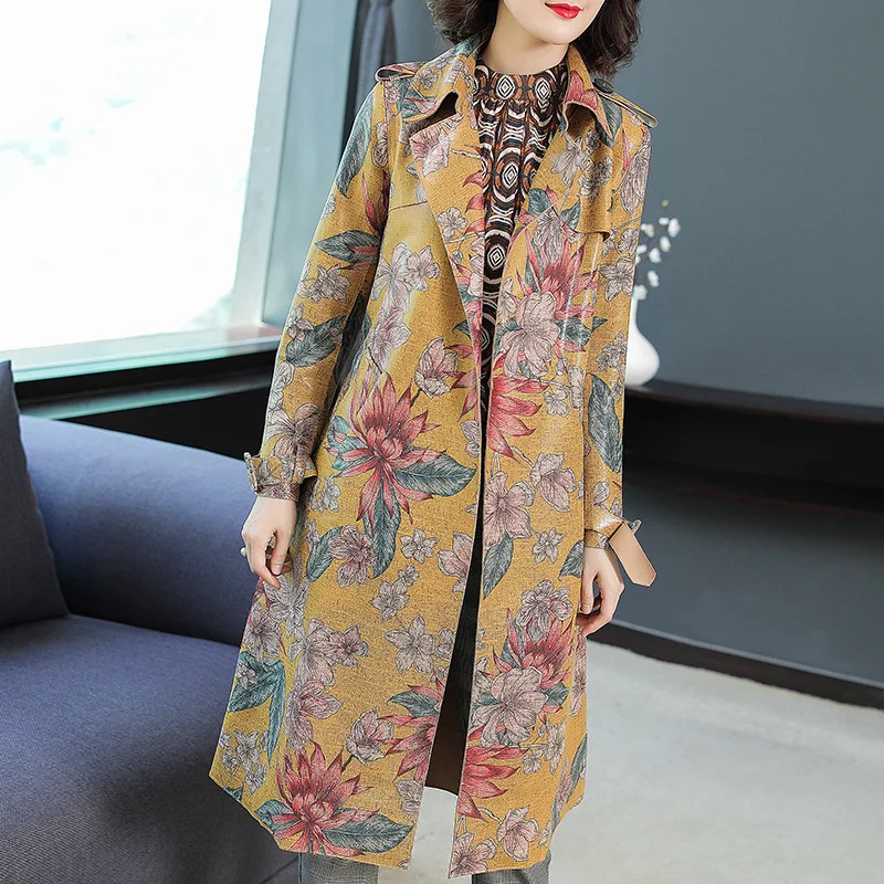 

Suede print turn down collar adjustable slim straight long trench coats 2018 new full sleeve women autumn trench coats